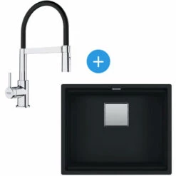 Franke Kubus Evier Sous Plan 56x46cm Fragranit+, Noir Mat + Mitigeur Cuisine 205x410mm Semi-pro Avec Douchette Extractible, Chrome/Noir