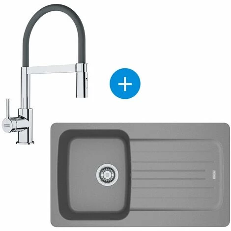 Franke Aveta Evier 86x50cm Avec égouttoir Réversible Fradura, Gris + Mitigeur Cuisine Semi-pro, Douchette Extractible, Chrome/Gris