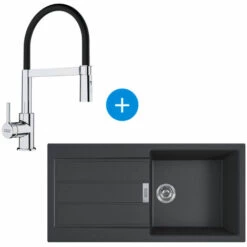 Franke Sirius Evier à Encastrer 100×50cm 1 Bac Avec égouttoir, Noir + Mitigeur 205x410mm Semi-pro, Douchette Extractible, Chrome/Noir